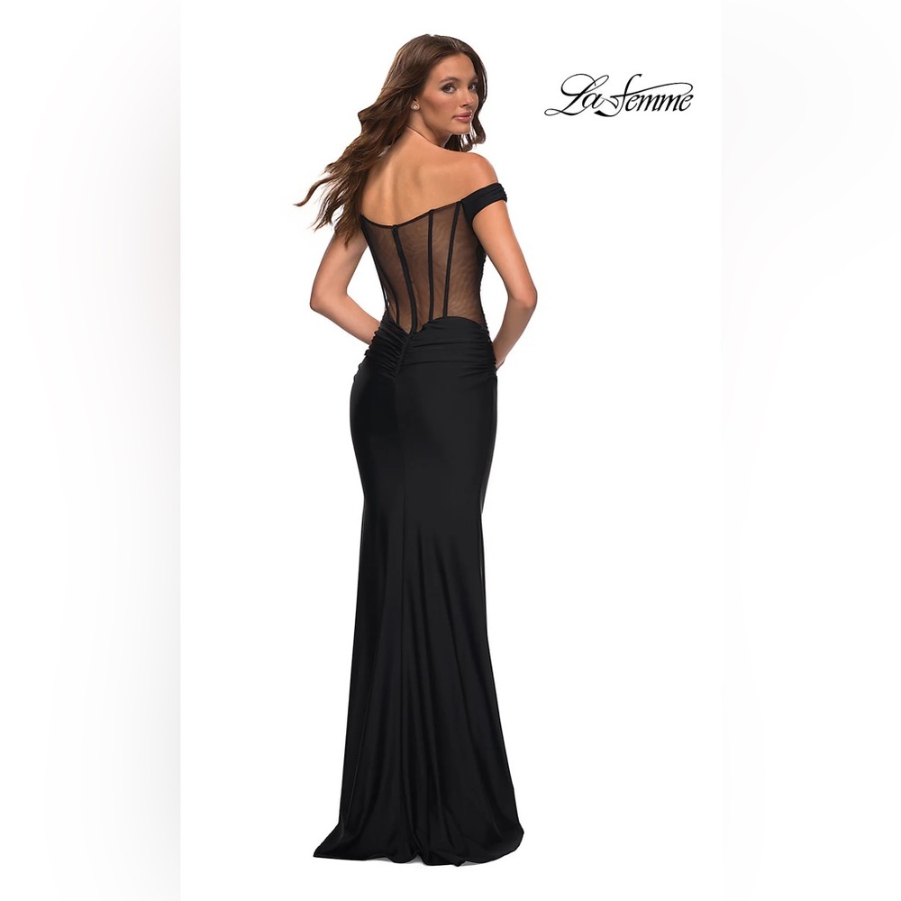 La Femme Sheer-Back Off-Shoulder Long Prom Dress
LF-22-30449